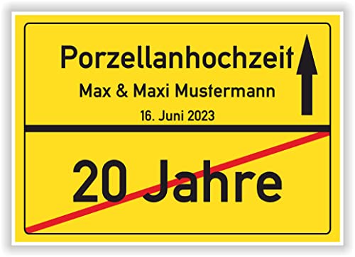 Geschenkidee zur Porzellanhochzeit - 20 Jahre verheiratet - Porzellan Hochzeit - Ortsschild Bild Geschenk zum Hochzeitstag - Jubiläum mit Namen und Datum von Druck-Geschenk