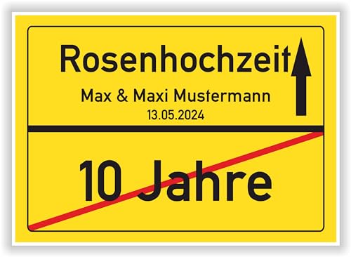 Geschenkidee zur Rosenhochzeit - 10 Jahre Verheiratet - Rosen Hochzeit - Ortsschild Bild Geschenk zum Hochzeitstag - Jubiläum mit Namen und Datum von Druck-Geschenk