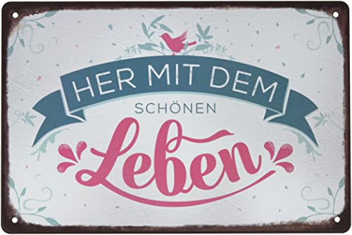 Grafik-Werkstatt Schild Art Nostalgic Vintage Blechschild mit Spruch | Retro Wand-Deko | Nostalgie | weiß | Her mit dem schönen Leben, Metall, 30 x 20 cm von Grafik-Werkstatt