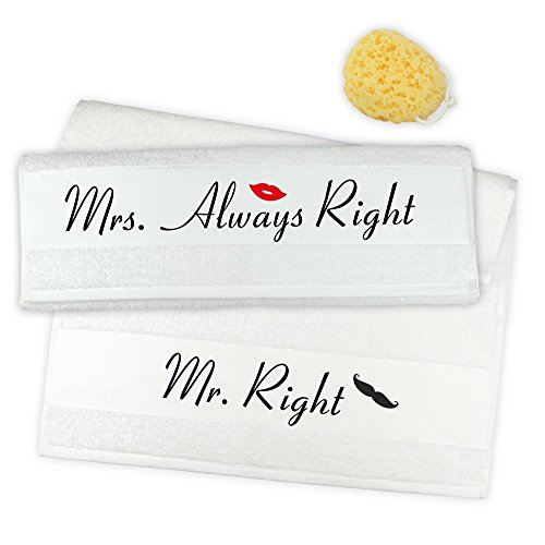 4you Design Handtuch Set 50x100 cm Mr. Right & Mrs. Always Right mit Schnauzer & Lippen - Geschenkidee für den Partner (weiß) von 4you Design