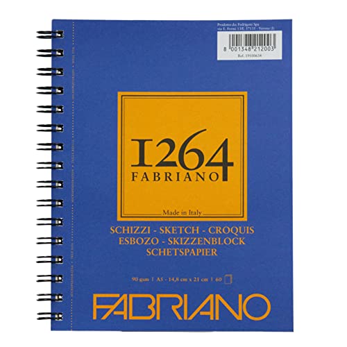 Fabriano Honsell 19100634 - Fabriano Schizzi Skizzenblock 1264 mit Längsspirale, 90 g/qm, DIN A5, 60 Blatt Skizzenpapier in elfenbeinweiß, säurefrei, leicht gekörnt, für alle Trockentechniken von Fabriano