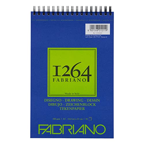 Honsell 19100645 - Fabriano Disegno Zeichenblock mit Spiralbindung 1264, 180 g/qm, DIN A5, 30 Blatt naturweißes, satiniertes Papier mit mittlerer Körnung, säurefrei, für alle Trockentechniken von Fabriano