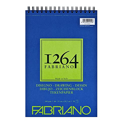 Honsell 19100646 - Fabriano Disegno Zeichenblock mit Spiralbindung 1264, 180 g/qm, DIN A4, 50 Blatt naturweißes, satiniertes Papier mit mittlerer Körnung, säurefrei, für alle Trockentechniken von Fabriano