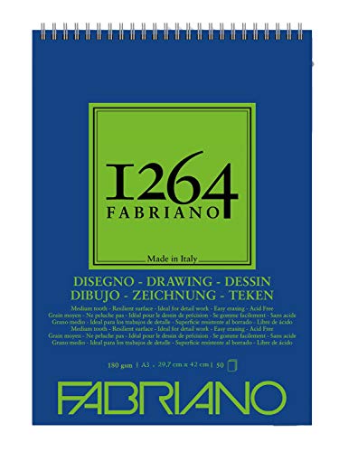 Fabriano Honsell 19100647 - Fabriano Disegno Zeichenblock mit Spiralbindung 1264, 180 g/qm, DIN A3, 50 Blatt naturweißes, satiniertes Papier mit mittlerer Körnung, säurefrei, für alle Trockentechniken von Fabriano