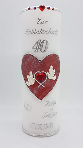 Kerze Rubinhochzeit 40 mit Namen & Datum RH-02 von kerzenfreude