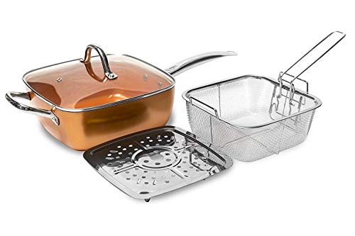 Kupferpfanne, quadratisch, Induktion, für Koch-Glasdeckel, Bratkorb, Dampfregal, 4-teiliges Set von Unbekannt