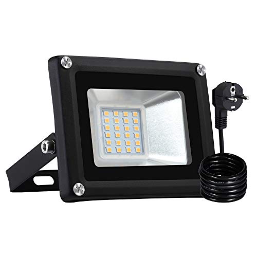 LED Strahler, LED Fluter IP65 wasserdicht Außenstrahler Flutlichtstrahler Aluminium Scheinwerfer Licht 3000K,EU Stecker, ideale Wandleuchte für Garten, Sportplatz[Energieklasse A+] (20W Warmweiß) von papasbox