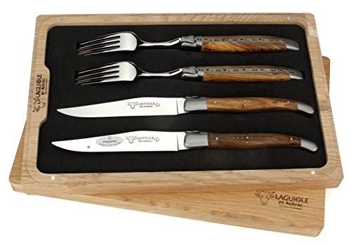 Laguiole en Aubrac - 2 Steakmesser und 2 Gabeln im Set - Griff Holz Pistazie - Original Frankreich mit Zertifikat von LAGUIOLE EN AUBRAC L