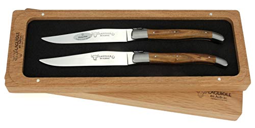 Laguiole en Aubrac - 2er Set original Laguiole Steakmesser aus Frankreich - Griffschalen Pistazien-Holz - Tafelmesser von Laguiole en Aubrac