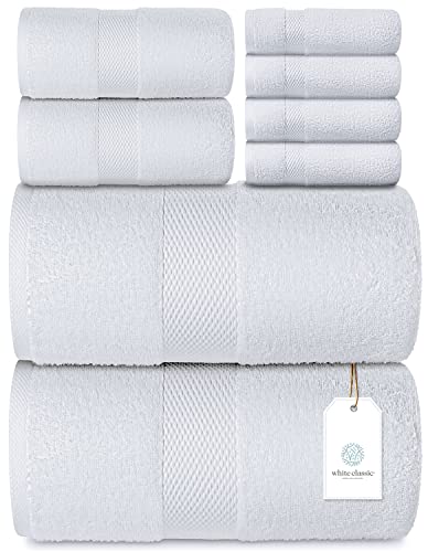 White Classic Luxus-Badetuch-Set, 100 % gekämmte Baumwolle, Hotelqualität, saugfähig, 8-teilig, 2 Badetücher, 2 Handtücher, 4 Waschlappen, Weiß von White Classic