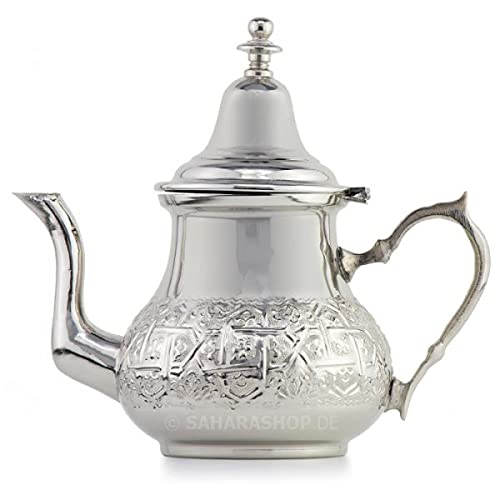 Marokkanische Teekanne Barradi 750 ml,Orientalische Teekanne/Teapot 0,75 L Berrad aus Messing, mit integriertem Filter, traditionelles Modell, Arabische Kanne silberfarbig mit Deckel von Saharashop