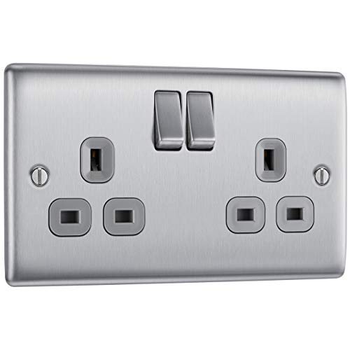 Masterplug NBS22G 13 A 2-Gang Metal Brushed Steel Double Pole Switched Socket - Grey Insert by Masterplug von British General