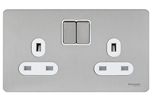 Schneider Electric Ultimate Screwless Flat Plate 13a Switched Double Socket Stainless Steel White Insert by Schneider Electric von Schneider Electric