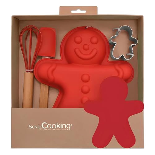 ScrapCooking – 1137 Weihnachts-Back-Set für Kinder – Lebkuchenmann – Geschenkset mit 4 Utensilien: Schneebesen, Löffel, Form & Ausstecher – Holz Silikon & Weißblech – für Kuchen Kekse – 1137 von ScrapCooking