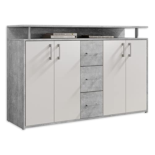 DRIFT Sideboard mit Ablage in Beton Optik, Weiß - Moderne Kommode mit Schubladen und viel Stauraum für Ihren Wohnbereich - 139 x 90 x 34 cm (B/H/T) von Stella Trading