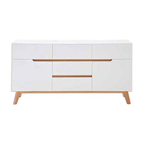 Sideboard Kommode Schrank Cervo matt weiß lackiert Absetzungen Asteiche Massivholz geölt Soft-Close 146 cm skandinavisch von Unbekannt