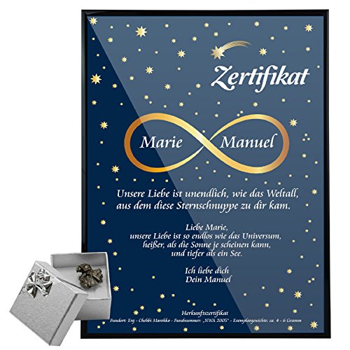 Sternschnuppe mit Unendlichkeitsmotiv (Zertifikat in DIN A4, Steinmeteorit 10-15 g) - echter Meteorit in verschiedenen Größen mit Echtheitszertifikat – personalisiert mit Wunschnamen und Wunschtext von Geschenke 24