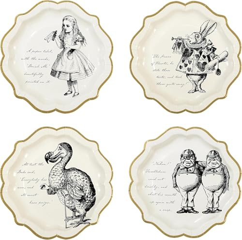 Talking Tables Truly Alice in Wonderland; Pappteller für Geburtstage, Hochzeiten, Teekränzchen und Partys, Verrückte Hutmacher-Party, Cremefarben und Gold, Vintage-Stil, 23 (12 pro Pack in 4 Designs) von Talking Tables