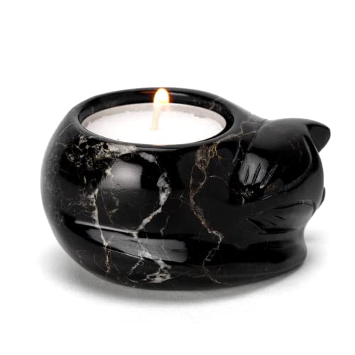 Teelichthalter mit Katzenmotiv aus schwarzem Marmor, inkl. Teelicht von Unbekannt