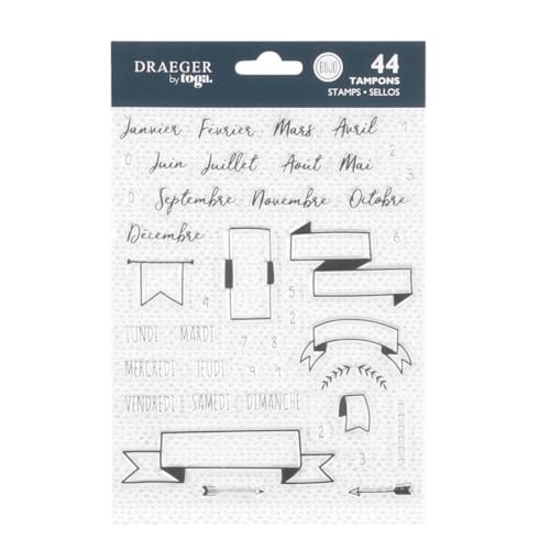 DRAEGER Paris 1886-43 Transparente Stempel Jungle Vibes – Bullet Journal – Motiv Banner, Zahlen 0-9, Tage und Monate, weicher Silikonstempel – 14 x 18 cm – Scrapbooking und kreatives Basteln von Toga