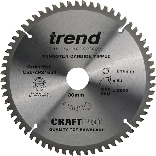 Trend CraftPro TCT Kreissägeblatt, 216 mm Durchmesser x 64 Zähne x 30 mm Bohrung, Wolframkarbidspitze, CSB/AP21664 von TREND