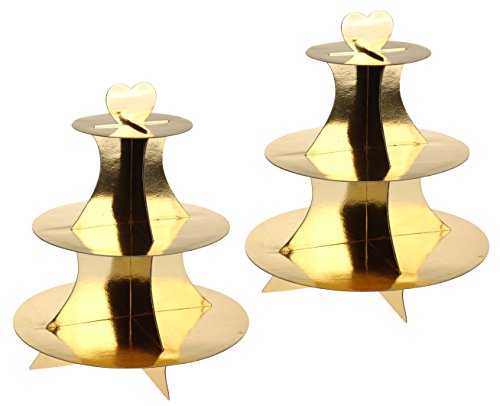 2 Stück Cupcake/Muffin Ständer mit 3 Böden, Etagere 3 Stöckig aus Pappe in Gold und Silber (2X Gold) von Marzoon