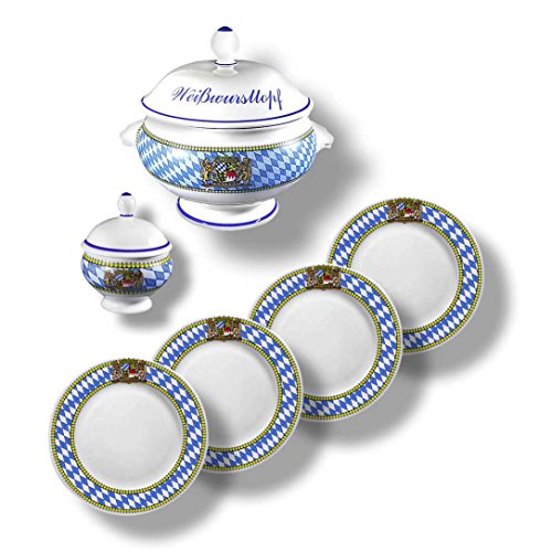 Unbekannt 6-Teiliges Bayerisches Weißwurst-Set mit Rautenrand Bestehend aus Weißwurst-Terrine BZW. Weißwurst-Topf 2,75l, Senf-Topf und 4 Weißwurst-Tellern 19cm Unbekannt 6-Teiliges Bayerisches Weißwurst-Set mit Rautenrand Bestehend aus Weißwurst-Terrine BZW. Weißwurst-Topf 2,75l, Senf-Topf und 4 Weißwurst-Tellern 19cm von Unbekannt