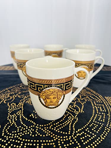 Unbekannt 6er Set Dickwandige Kaffeetassen aus Porzellan für 6 Personen Medusa Mäander Kaffeegläser mit Muster Stil Weiß-Gold 300.ML von Unbekannt