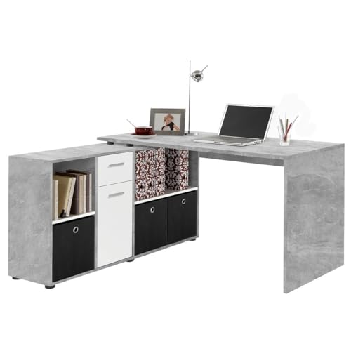 FMD Möbel, 353-001 Lexo Schreibtisch-Winkelkombination, in Ausführung Beton Light Atelier/Weiß, Maße Tisch 136.0 x 75.0 x 68.0 cm/Maße Regal 137.0 x 71.0 x 33.0 cm (BHT) von FMD Möbel