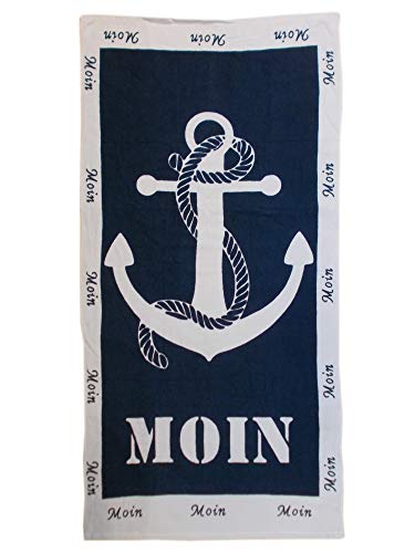 Unbekannt Maritimes Strand & Badetuch Moin Moin - Großes Handtuch mit Schrift & Anker Motiv - 100% Baumwolle Blau 75 x 150 cm von Unbekannt