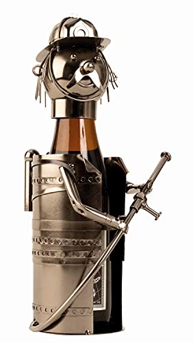Unbekannt Moderner Bier Flaschenhalter Flaschenständer Feuerwehrmann aus Metall in Silber Höhe 24 cm von Mel-O-Design