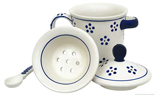 Unbekannt Original Bunzlauer Keramik Teetasse/Teebecher mit Teesieb, Deckel und Löffel im Dekor 1 von Unbekannt