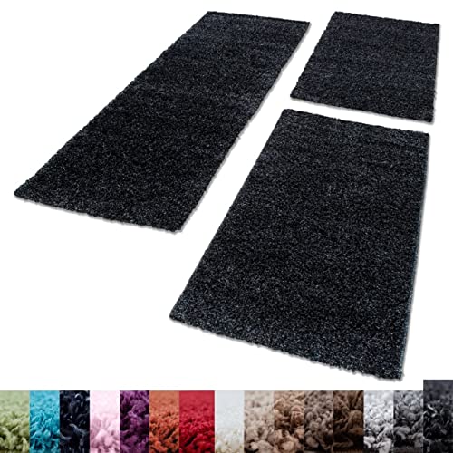 Unbekannt Shaggy Hochflor Teppich Carpet 3TLG Bettumrandung Läufer Set Schlafzimmer Flur, Farbe:Anthrazit, Bettset:2x60x110+1x80x150 von Inconnu
