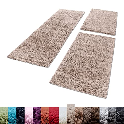 Unbekannt Shaggy Hochflor Teppich Carpet 3TLG Bettumrandung Läufer Set Schlafzimmer Flur, Farbe:Beige, Bettset:2x60x110+1x80x150 von Unbekannt