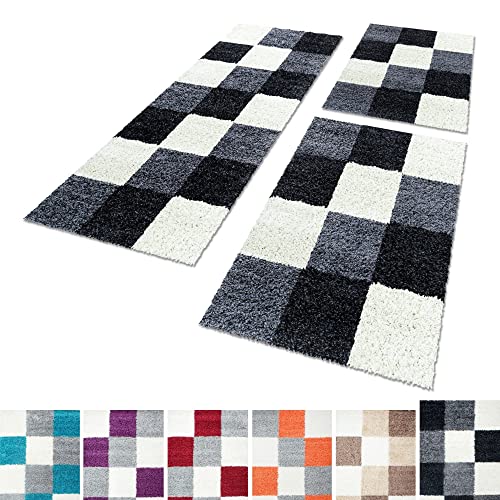 Unbekannt Shaggy Hochflor Teppich Carpet 3TLG Bettumrandung Läufer Set Schlafzimmer Flur, Farbe:Black, Bettset:2x60x110+1x80x150 von Unbekannt