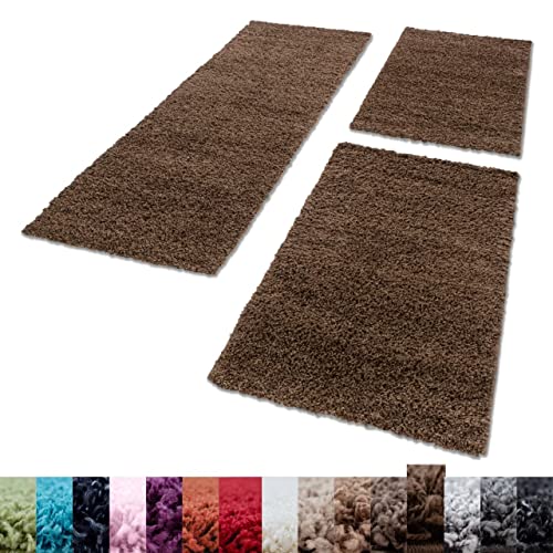 Unbekannt Shaggy Hochflor Teppich Carpet 3TLG Bettumrandung Läufer Set Schlafzimmer Flur, Farbe:Braun, Bettset:2x100x200+1x80x250 von Unbekannt
