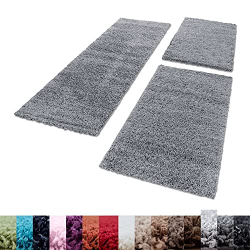 Unbekannt Shaggy Hochflor Teppich Carpet 3TLG Bettumrandung Läufer Set Schlafzimmer Flur, Farbe:Hellgrau, Bettset:2x80x150+1x80x250 von Unbekannt