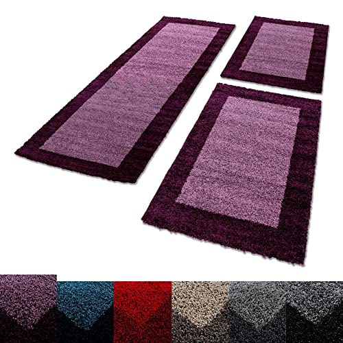 Unbekannt Shaggy Hochflor Teppich Carpet 3TLG Bettumrandung Läufer Set Schlafzimmer Flur, Farbe:Lila, Bettset:2x60x110+1x80x150 von Unbekannt
