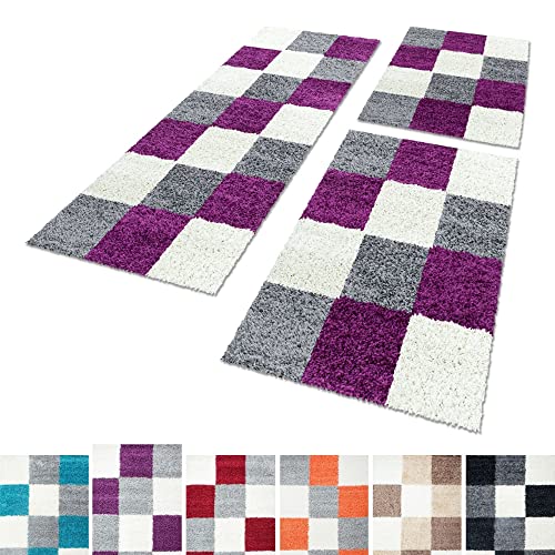 Unbekannt Shaggy Hochflor Teppich Carpet 3TLG Bettumrandung Läufer Set Schlafzimmer Flur, Farbe:Lila, Bettset:2x60x110+1x80x250 von Unbekannt