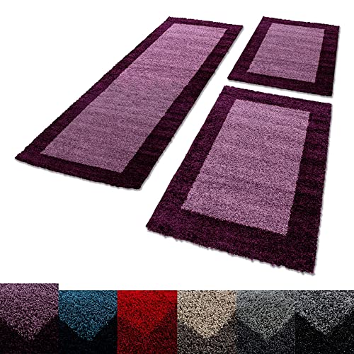 Unbekannt Shaggy Hochflor Teppich Carpet 3TLG Bettumrandung Läufer Set Schlafzimmer Flur, Farbe:Lila, Bettset:2x60x110+1x80x250 von SIMPEX