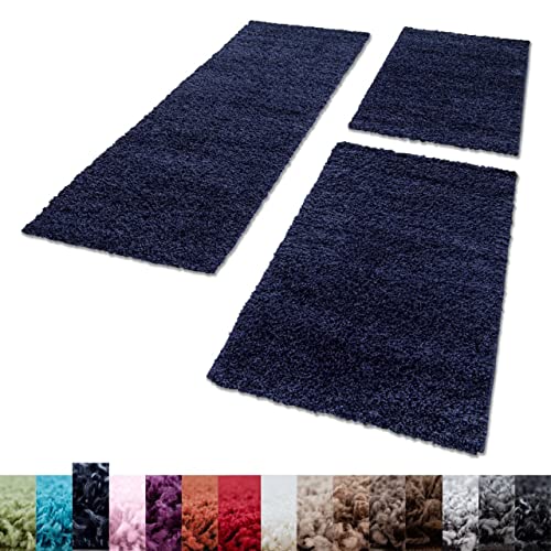 Unbekannt Shaggy Hochflor Teppich Carpet 3TLG Bettumrandung Läufer Set Schlafzimmer Flur, Farbe:Marineblau, Bettset:2x60x110+1x100x200 von Unbekannt