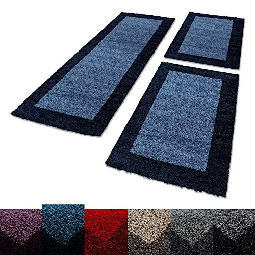 Unbekannt Shaggy Hochflor Teppich Carpet 3TLG Bettumrandung Läufer Set Schlafzimmer Flur, Farbe:Marineblau, Bettset:2x60x110+1x100x200 von Unbekannt