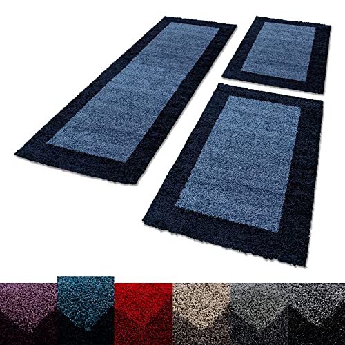 Unbekannt Shaggy Hochflor Teppich Carpet 3TLG Bettumrandung Läufer Set Schlafzimmer Flur, Farbe:Marineblau, Bettset:2x60x110+1x80x250 von SIMPEX