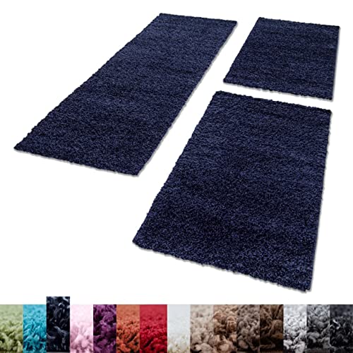 Unbekannt Shaggy Hochflor Teppich Carpet 3TLG Bettumrandung Läufer Set Schlafzimmer Flur, Farbe:Marineblau, Bettset:2x80x150+1x100x200 von Unbekannt