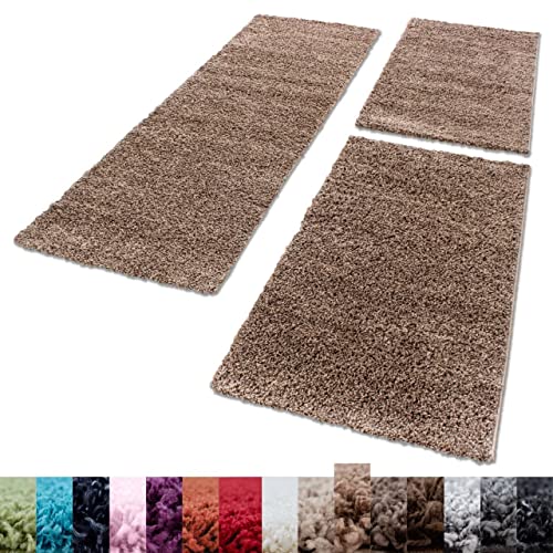 Unbekannt Shaggy Hochflor Teppich Carpet 3TLG Bettumrandung Läufer Set Schlafzimmer Flur, Farbe:Mocca, Bettset:2x80x150+1x100x200 von Unbekannt