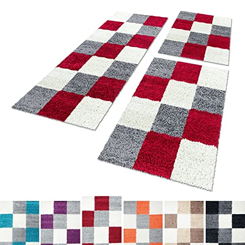 Unbekannt Shaggy Hochflor Teppich Carpet 3TLG Bettumrandung Läufer Set Schlafzimmer Flur, Farbe:Rot, Bettset:2x80x150+1x80x250 von Unbekannt