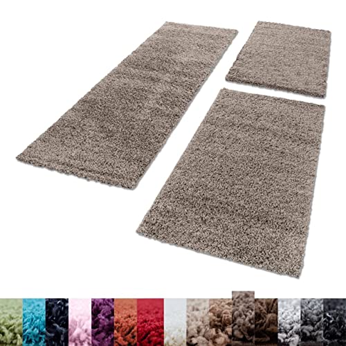 Unbekannt Shaggy Hochflor Teppich Carpet 3TLG Bettumrandung Läufer Set Schlafzimmer Flur, Farbe:Taupe, Bettset:2x100x200+1x80x250 von Unbekannt