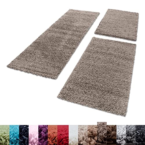 Unbekannt Shaggy Hochflor Teppich Carpet 3TLG Bettumrandung Läufer Set Schlafzimmer Flur, Farbe:Taupe, Bettset:2x60x110+1x80x150 von Inconnu