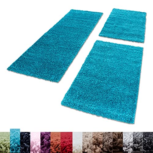 Unbekannt Shaggy Hochflor Teppich Carpet 3TLG Bettumrandung Läufer Set Schlafzimmer Flur, Farbe:Türkis, Bettset:2x60x110+1x80x150 von Unbekannt