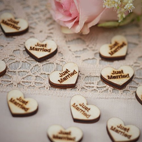 Unbekannt Streudeko Herzen aus Holz mit der Aufschrift Just Married im Vintage Look - Inhalt 25 Stück pro Verpackungseinheit - Grösse pro Streuelement ca. 2,5 cm x 1,5 cm von Unbekannt